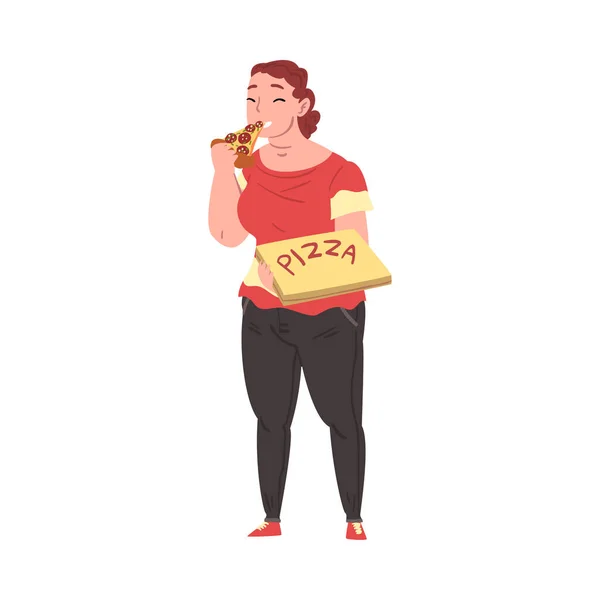 Mujer regordeta alegre comiendo pizza, mujer de talla grande en ropa casual disfrutando de platos de comida rápida, estilo de vida poco saludable, concepto positivo para el cuerpo Vector Illustration — Archivo Imágenes Vectoriales