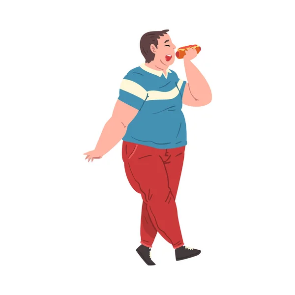 Vrolijke dikke man eten Hotdog, Obese Guy Genieten van Fast Food Dish tijdens het wandelen, Ongezond Dieet en Lifestyle Vector Illustratie — Stockvector