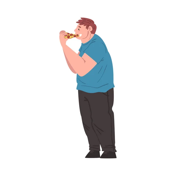 Hombre gordo comiendo pizza, vista lateral de la persona obesa disfrutando del plato de comida rápida, dieta poco saludable e ilustración de vectores de estilo de vida — Archivo Imágenes Vectoriales