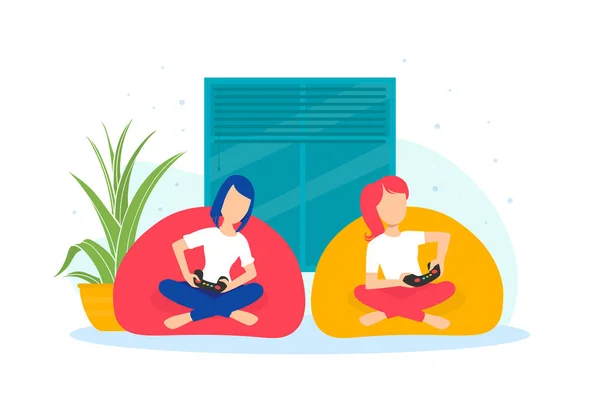 Ragazze sedute con le gambe incrociate sulle poltrone e giocare ai videogiochi insieme illustrazione vettoriale — Vettoriale Stock