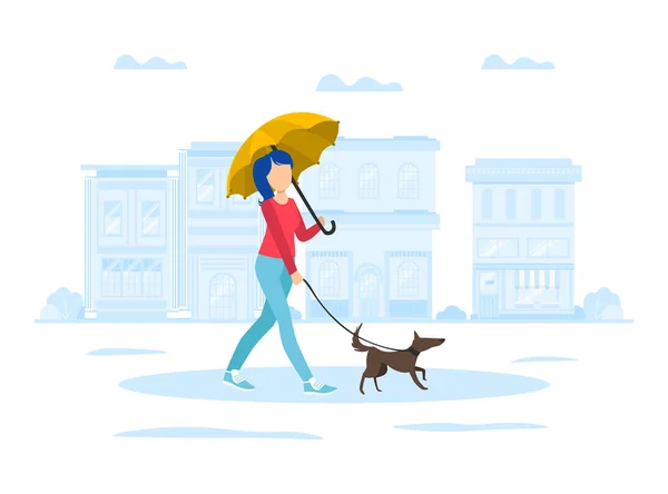 Ung Kvinna Med Umbrella Promenad Med Hund På Leach På City Street Vector Illustration — Stock vektor