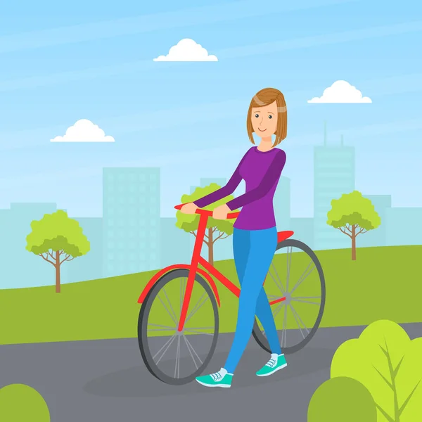 Chica de pie junto a la bicicleta, mujer joven montar en bicicleta en el parque público urbano Vector Ilustración — Archivo Imágenes Vectoriales