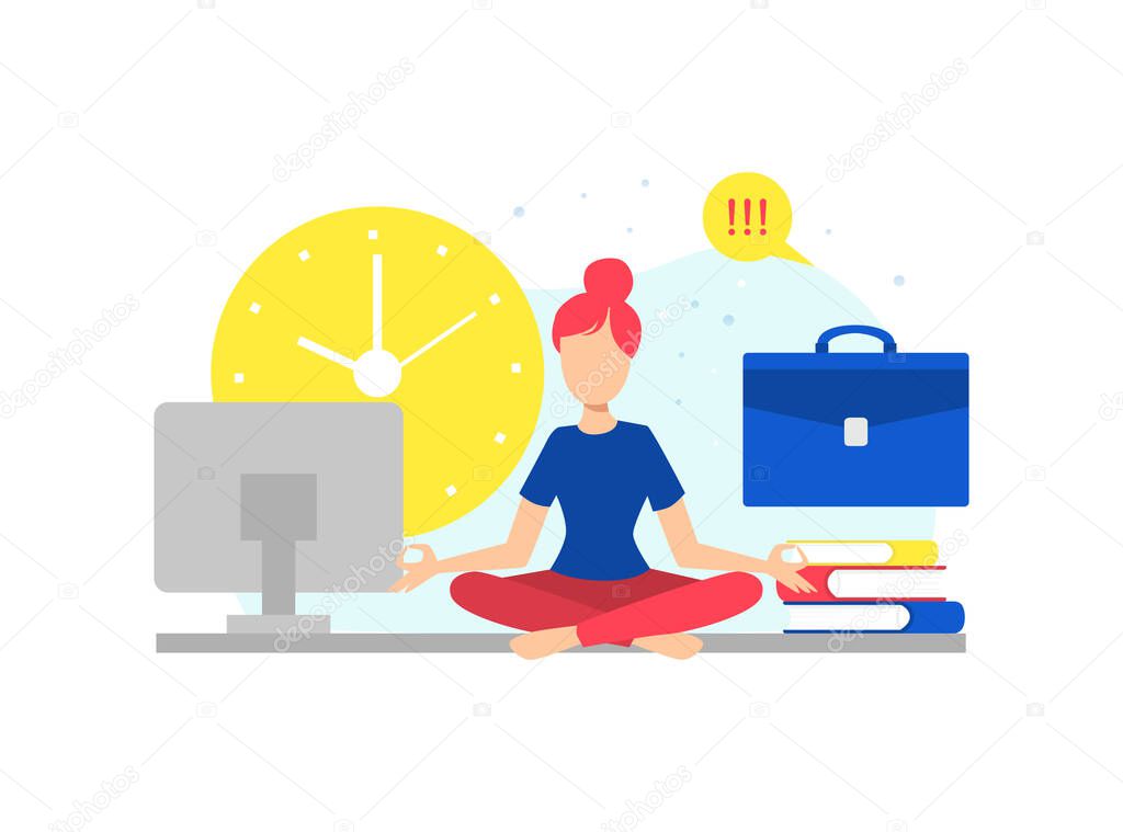 Businesswoman Meditating in Yoga Lotus Position to Calm Down Stressful Emotions in Office Vector Illustration