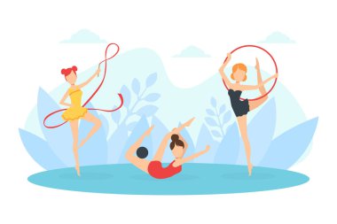 Ribbon, Ball ve Hoop Vector Illustration ile Ritmik Jimnastik Yapan Esnek Profesyonel Kadın Jimnastikçiler