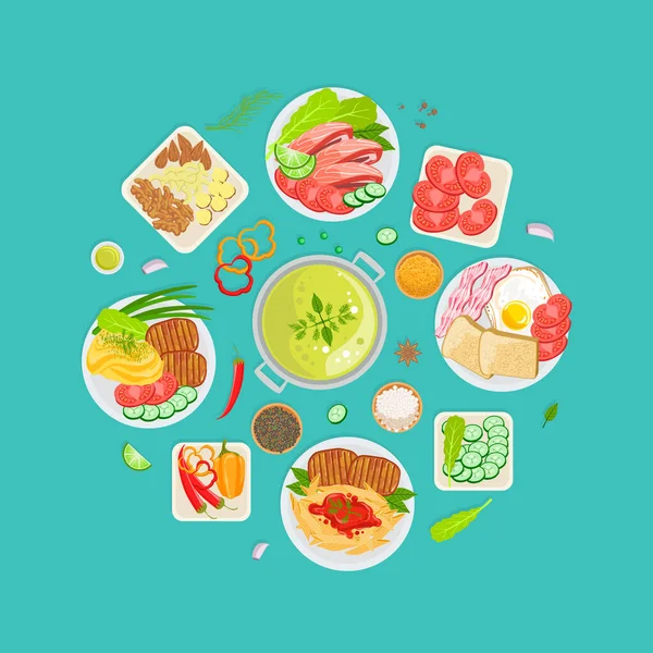 Deliciosa Plantilla de Banner de Alimentos con Platos de Comida Sabrosa Fresca de Forma Redonda Marco Vector Ilustración — Vector de stock