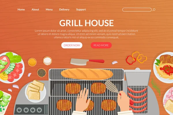 Grill House smaczne dania Landing Page Template, Top View of Table with Chefs Hands Cooking BBQ Strona główna, Mobile App Vector Ilustracja — Wektor stockowy