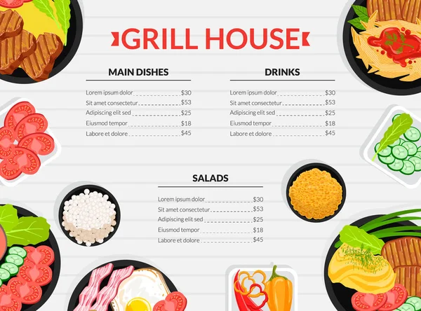 Grill House Menu Template, Main Dishes, Drinks, Salads Banner, Poster, Flyer, Leaflet Vector Illustration — Stock Vector