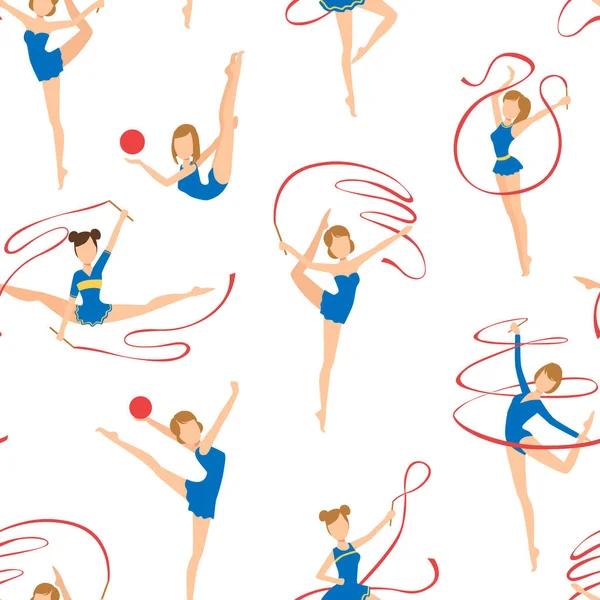 Las gimnastas femeninas que hacen gimnasia rítmica patrón sin costura, elemento de diseño dibujado a mano se puede utilizar para tela, papel pintado, embalaje, ilustración del vector de la página web — Archivo Imágenes Vectoriales