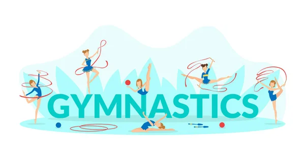 Gymnastics Banner Template, Flexible Professional Female Gymnasts Exercising with Ribbons, Balls and Hoops Vector Illustration — Stock Vector