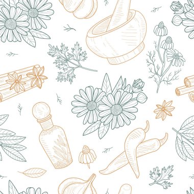 Bitkiler ve Baharatlar Kusursuz Şablon, Doğal Organik Sağlıklı Ürünler, El Tasarımı Elementi Kumaş, Duvar Kağıdı, Paketleme, Web Sayfa Vektörü Resimleri İçin Kullanılabilir