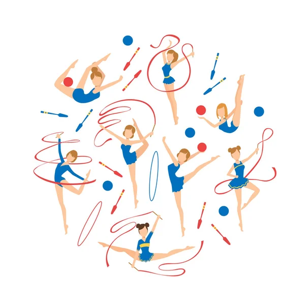 Plantilla de banner de gimnasia, patrón de forma redonda de gimnastas femeninas profesionales que hacen ejercicio con cintas Vector Illustration — Archivo Imágenes Vectoriales