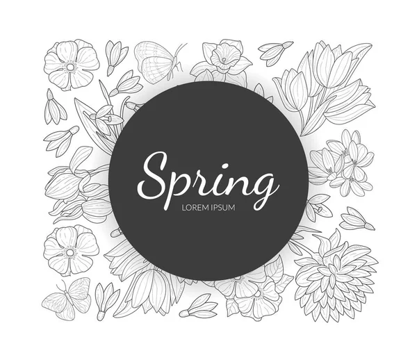 Voorjaarsbanner sjabloon met wilde bloemen en bladeren patroon met de hand getekend Vector illustratie — Stockvector
