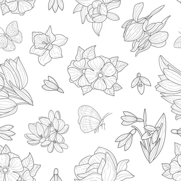 春无缝花花纹、野草本植物及叶子、花卉手绘设计元素可用于织物、墙纸、包装材料、网页矢量图解 — 图库矢量图片