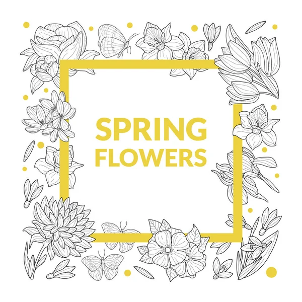 Lente Bloemen Banner Template met mooie wilde planten en bladeren Hand getekend patroon, Bruiloft Uitnodiging Kaart, Boutique Logo Vector Illustratie — Stockvector