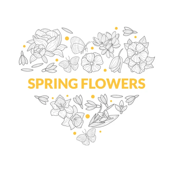 Lente Bloemen Banner Template met wilde weide planten en bladeren van hart vorm, Save the Date, Uitnodiging voor het huwelijk, felicitatiekaart, Boutique Logo Hand getrokken Vector Illustratie — Stockvector