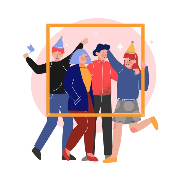 Группа друзей, держащих портрет рамку, молодые люди носят шляпы партии празднование дня рождения, девочки и парни, имеющие праздничную партию векторной иллюстрации — стоковый вектор