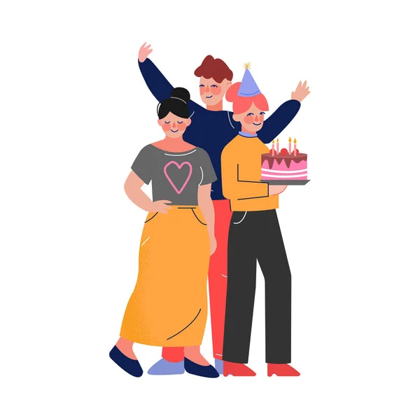 Feliz adolescente y niñas teniendo fiesta de cumpleaños, grupo de adolescentes de pie con pastel festivo Vector Ilustración — Vector de stock