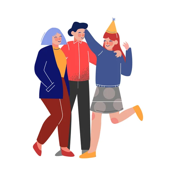 Feliz adolescente niño y niñas teniendo cumpleaños o fiesta festiva Vector ilustración — Vector de stock