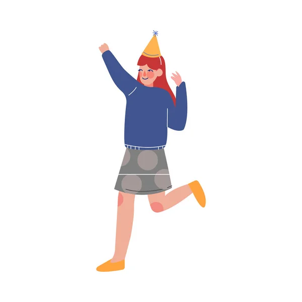 Feliz chica adolescente con sombrero de fiesta teniendo cumpleaños o fiesta festiva Vector Ilustración — Archivo Imágenes Vectoriales