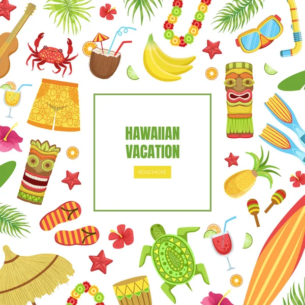 Hawaiian Vacation Landing Page Template mit Reise-Symbolen Nahtlose Muster-Vektor-Illustration — Stockvektor