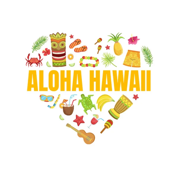 Aloha Hawaii Seyahat Sancak Şablonu Gezgin Görüş ve Sembolleri Kalp Şeklinin Şablonu, Hawaii Yaz Maceraları İllüstrasyonu — Stok Vektör