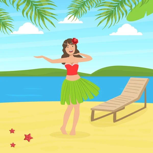 夏威夷的年轻女子，穿着传统的树叶裙，在热带海滩上翩翩起舞 — 图库矢量图片