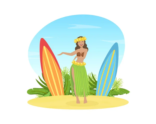 Hermosa joven hawaiana con falda tradicional de hojas y corona de flores bailando en la playa tropical Vector Ilustración — Vector de stock