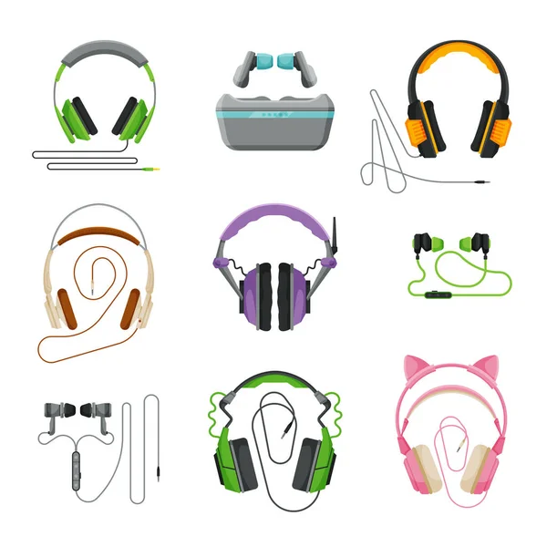 Különböző típusú fülhallgató szett, fülhallgató, fülhallgató, headset, kiegészítők a zenehallgatás vagy szerencsejáték vektor illusztráció — Stock Vector