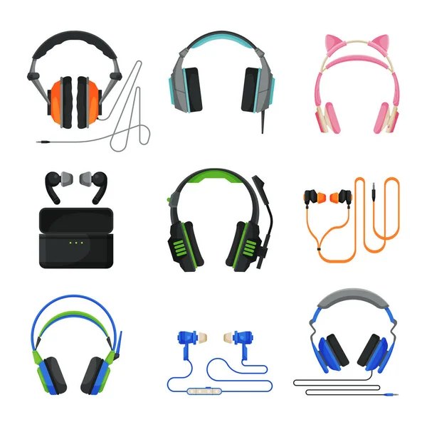 Différents types d'écouteurs Ensemble, écouteurs, écouteurs, écouteurs, accessoires filaires et sans fil pour écouter de la musique ou pour jouer Illustration vectorielle — Image vectorielle