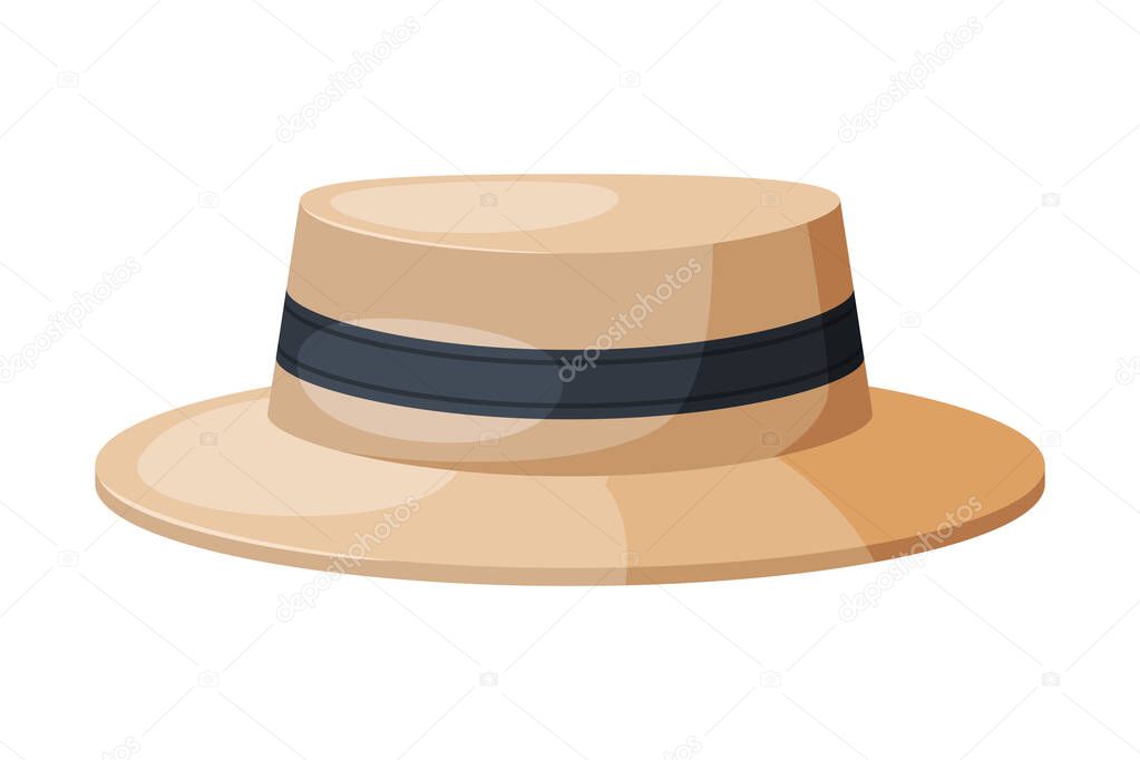 Male Hat with Black Ribbon, Retro Headdress, Gentleman Headwear Flat Vector Illustration