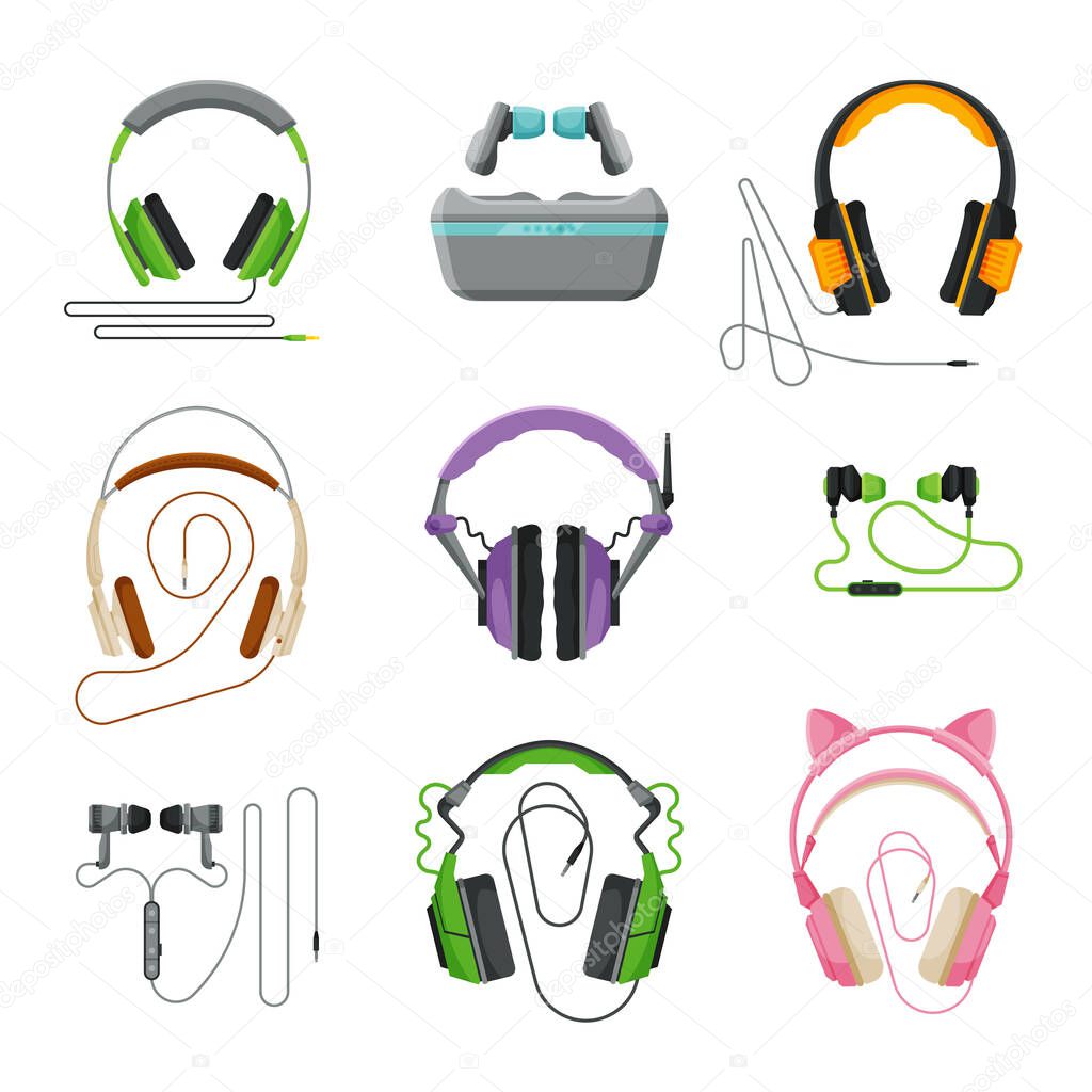 Various Types of Earphones Set, Headphones, Earbuds, Headset, Accessories for Music Listening or Gaming Vector Illustration