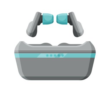 Pouch ile Modern Mobil Kablosuz Kulaklıklar, Müzik Dinleme için Aksesuar veya Oyun Vektörü İllüstrasyonu