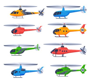Helikopterler Uçak Koleksiyonu, Uçan Renkli Helikopterler, Hava Taşımacılığı Düz Vektör Çizimi