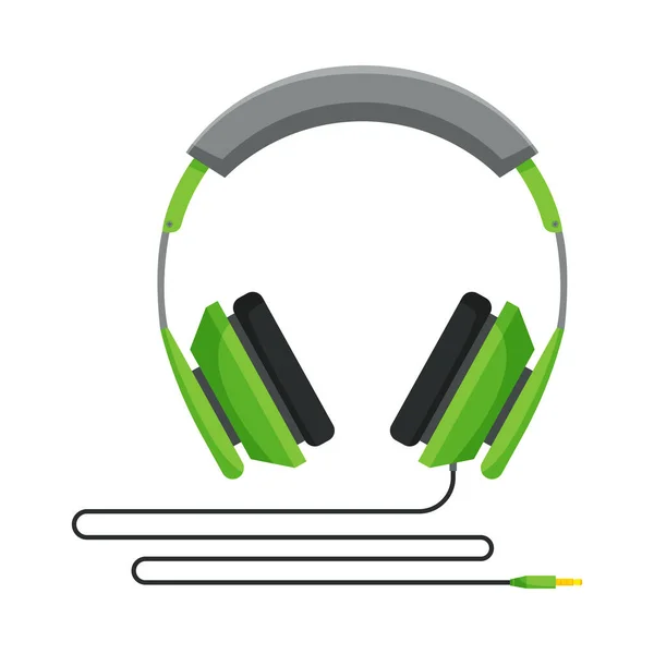 Casque filaire vert, accessoire pour écouter de la musique ou illustration vectorielle de jeu — Image vectorielle