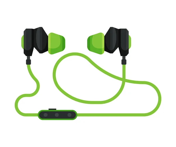 Écouteurs verts, accessoire pour écouter de la musique ou illustration vectorielle de jeu — Image vectorielle