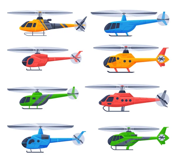 ヘリコプター航空機コレクション、飛行カラフルなチョッパー、航空輸送フラットベクトルイラスト — ストックベクタ