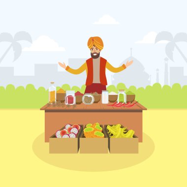 Hint Adam Marketplace Vektör Resimlerinde Baharat ve Meyve Satıyor