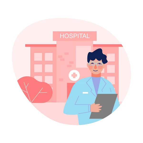 Médico de pie frente al edificio del hospital, personal médico Vector plano Ilustración — Vector de stock