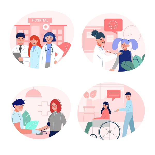 Artsen controleren en raadplegen van patiënten in de medische kliniek, medische behandeling en gezondheidszorg Vector Illustratie — Stockvector