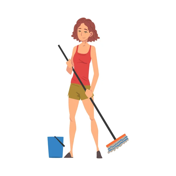 Giovane donna che mopping il pavimento, Casalinga personaggio famiglia Attività, Servizio di pulizia, tutti i giorni doveri e faccende Cartoon Vector Illustrazione — Vettoriale Stock