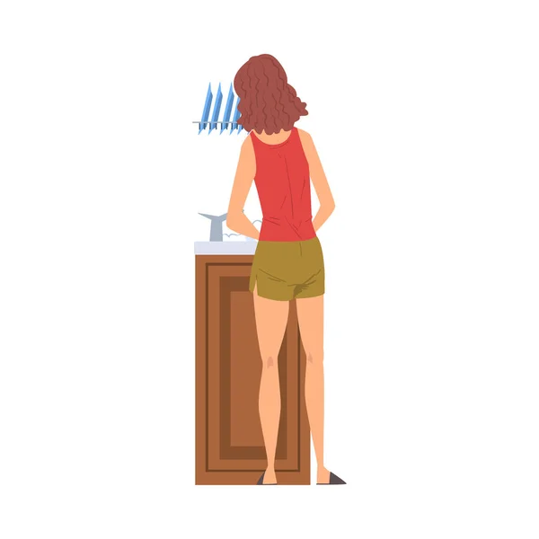 Jovem mulher lavando pratos, vista traseira, personagem da dona de casa atividade doméstica, limpeza, deveres diários e prostitutas ilustração do vetor dos desenhos animados —  Vetores de Stock
