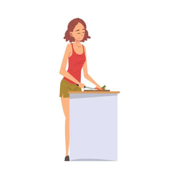 Jongeman Koken Salade in de keuken, Huishouden, Huishouden, Dagelijkse Taken en karweitjes Cartoon Vector Illustratie geïsoleerd in witte achtergrond. — Stockvector
