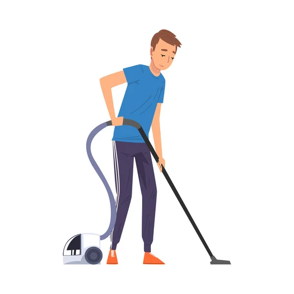 Hombre aspirando el piso, la actividad del hogar, la limpieza, los deberes diarios y las tareas Dibujos animados Vector Ilustración — Vector de stock
