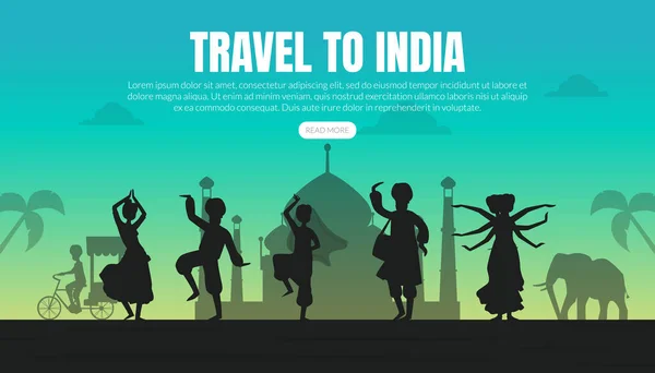 インドへの旅行ランディングページテンプレート,観光ウェブサイト,モバイルアプリケーションベクトルイラスト — ストックベクタ