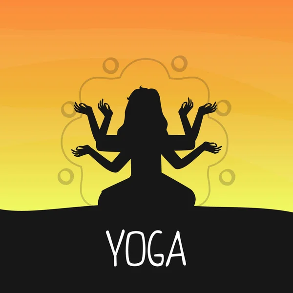 Modello di banner yoga con silhouette di donna multi armata che medita in posizione di loto all'illustrazione vettoriale del tramonto — Vettoriale Stock