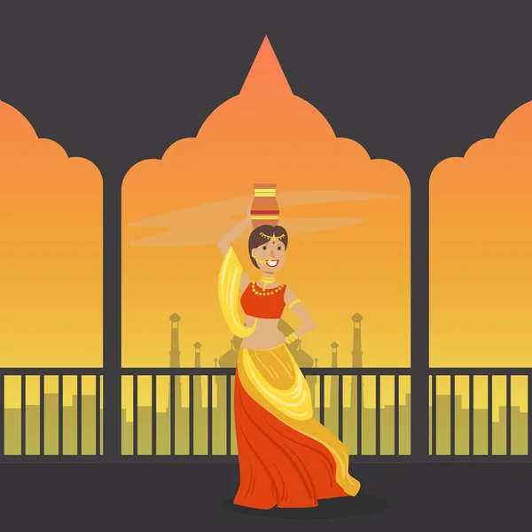 Schöne indische Frau in traditionellem Sari auf dem Hintergrund des Palastes Interior Vector Illustration — Stockvektor