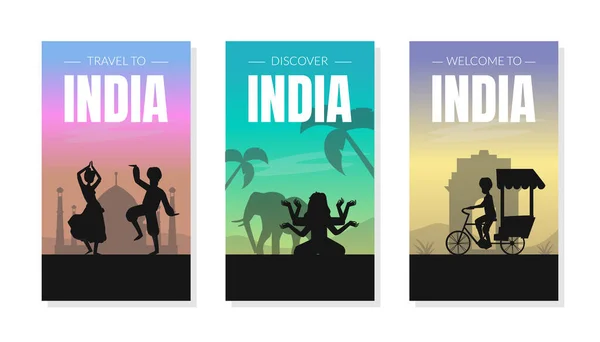 Welcome and Discover India Card Templates Set with Silhouettes of People and Famous Cultural Symbols Vector Illustration — Stock Vector