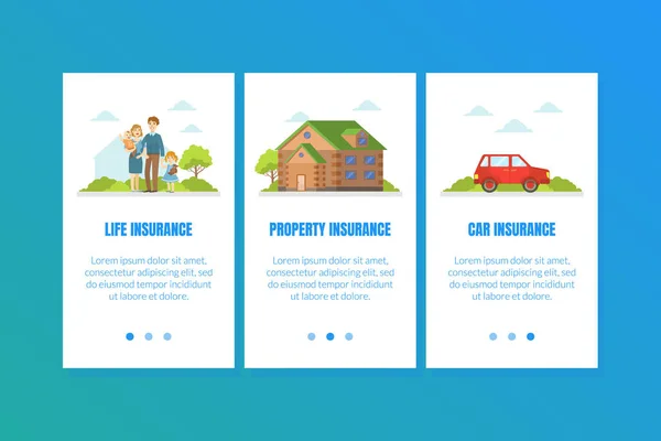 Liv, Egendom, Bilförsäkringar Landning Page Template, Familjesäkerhet, Skydd av byggnad och bil webbplats, Mobile App Vector Illustration — Stock vektor