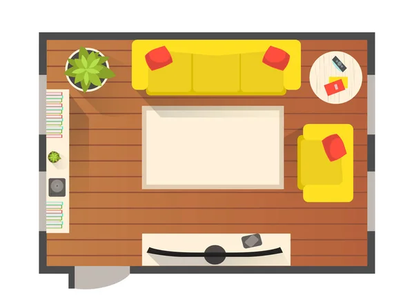 Woonkamer Modern interieur, Top View of Detailed Plan voor Appartement of Familie Huis met Meubilair Elementen Vector Illustratie — Stockvector