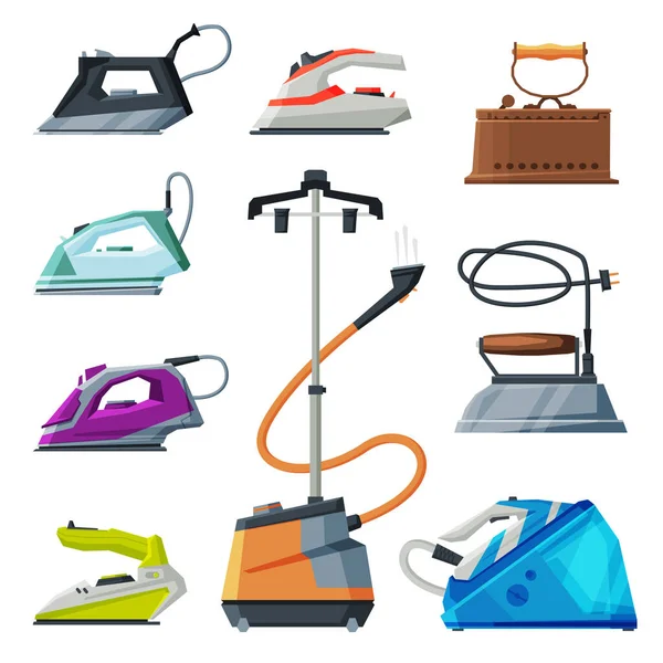 Modern and Old Irons and Cloth Steamer Collection, Household Appliances, Electric Ironing Clothes Devices Vector Illustration — Stock Vector